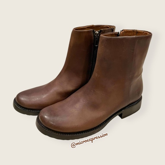 $359 Veronica Seam Short Brown Leather Moto Vintage Boho Zip Up Low Ankle Boot - Picture 6 of 11